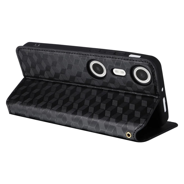 For XREAL Beam Pro Wallet Case Rhombus Imprinted Leather Phone Cover - Black - 4
