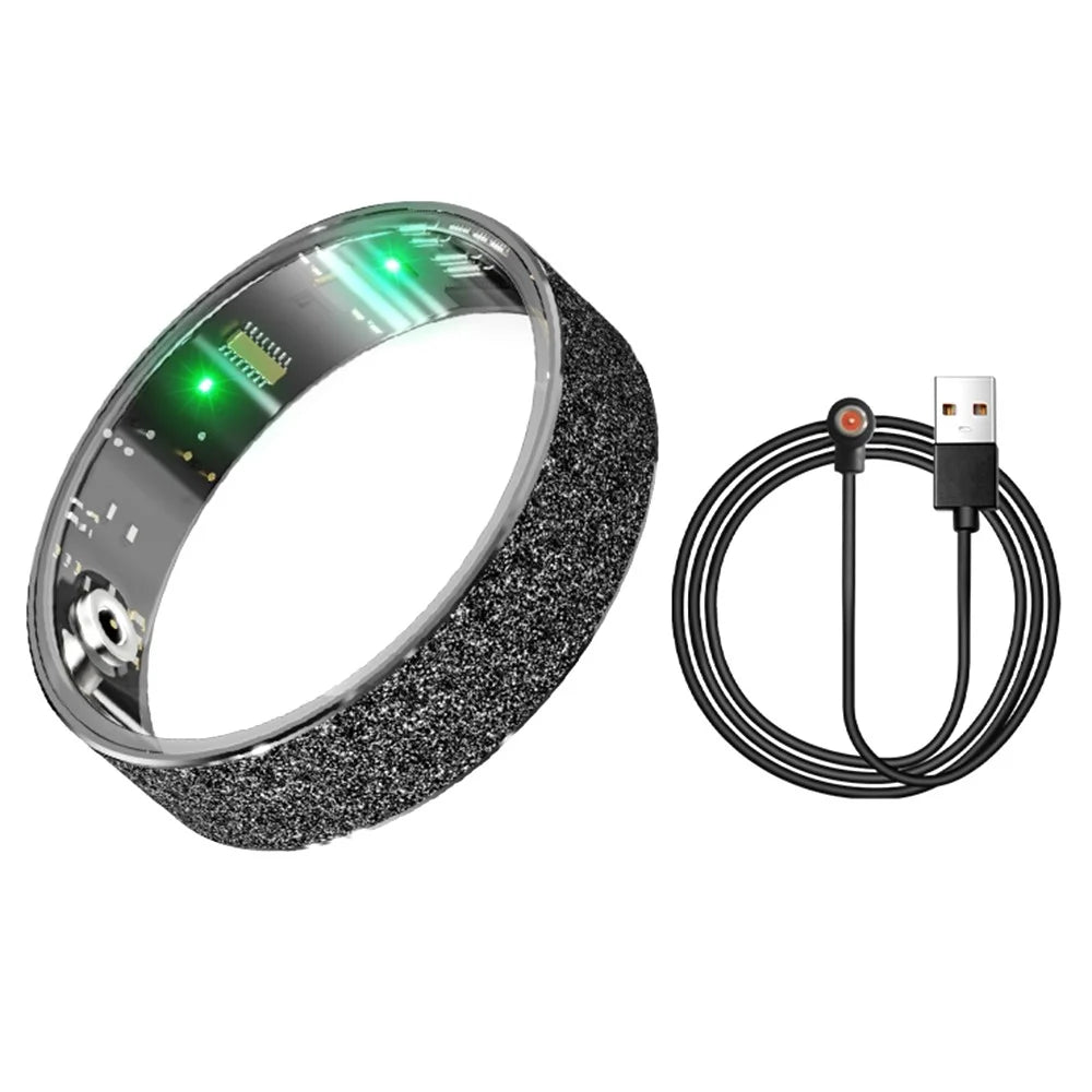 Vring-3 Frosted Bluetooth-compatible Sleep Health Monitoring Smart Ring Stainless Steel Finger Ring, Magnetic Charging Cable - Black / Size 8 - 1