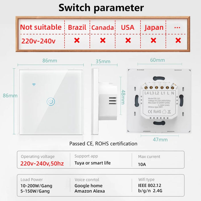 DS-101JL-1 1 Gang WiFi + Bluetooth-compatible Dual Mode APP Voice Control Smart Touch Wall Switch - White - 5
