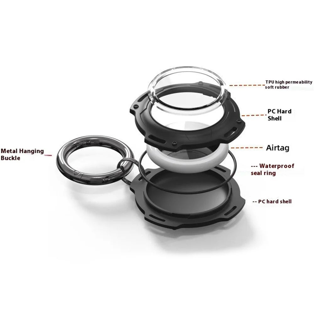 For Apple AirTag Case Bluetooth-compatible Locator IP68 Waterproof TPU+PC Protective Cover with Key Ring - Black - 7