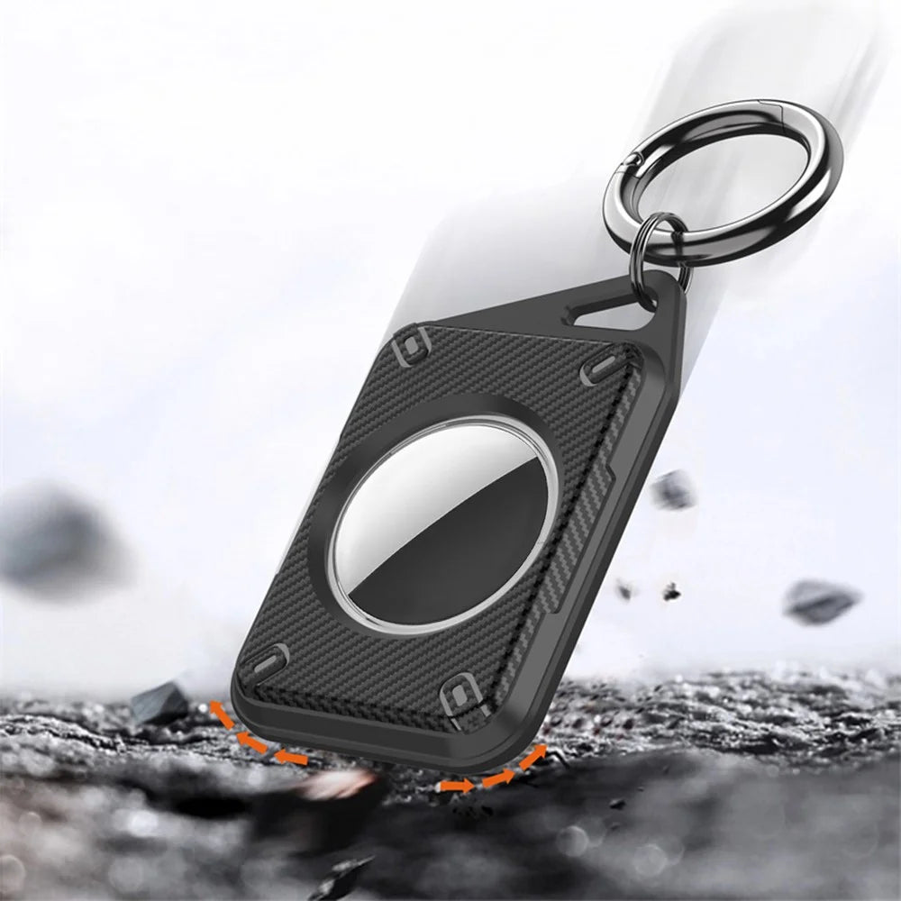 For Apple AirTag Case Locator Tracker IP68 Waterproof TPU+PC Cover Keyring Holder - Black / Carbon Fiber - 4