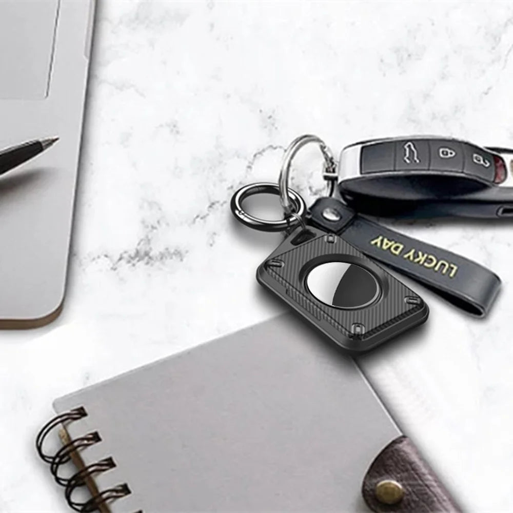 For Apple AirTag Case Locator Tracker IP68 Waterproof TPU+PC Cover Keyring Holder - Black / Carbon Fiber - 6