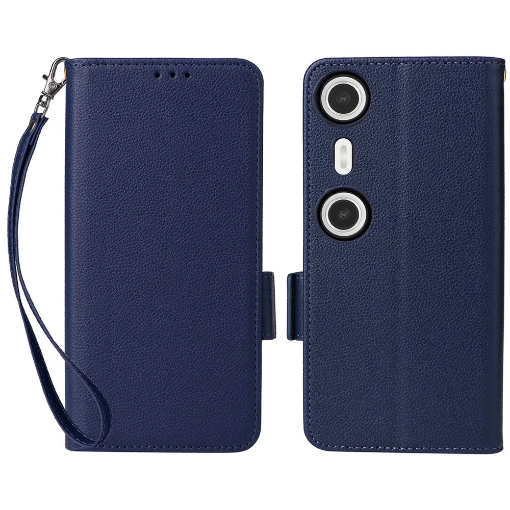 For XREAL Beam Pro Case with Wrist Strap Litchi Texture PU Leather Wallet Phone Cover - Dark Blue - 1