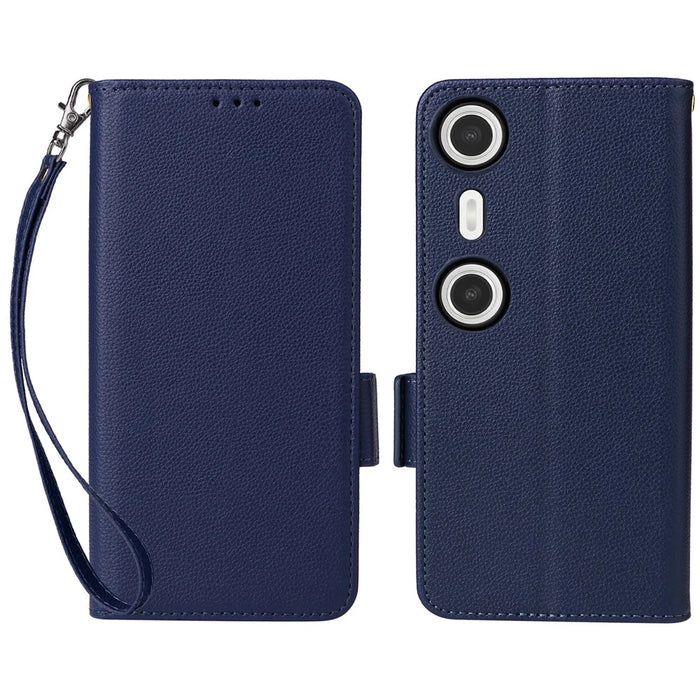 For XREAL Beam Pro Case with Wrist Strap Litchi Texture PU Leather Wallet Phone Cover - Dark Blue - 1