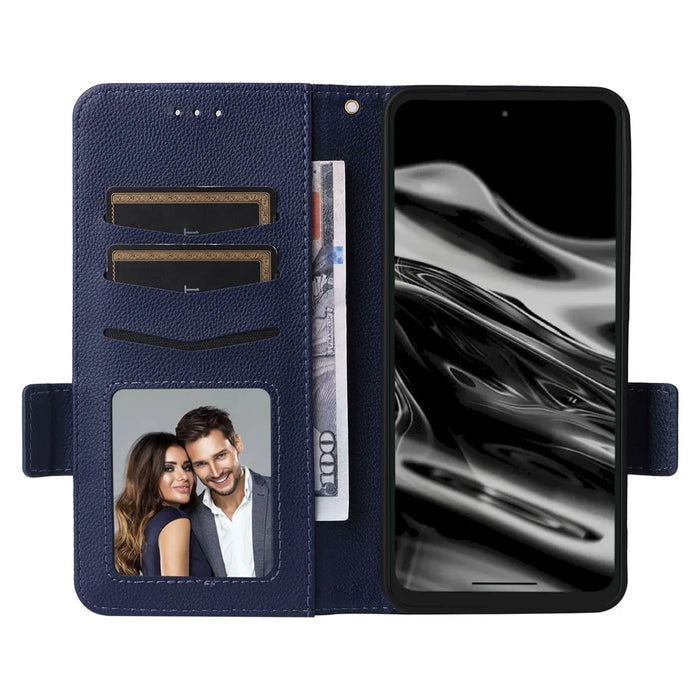 For XREAL Beam Pro Case with Wrist Strap Litchi Texture PU Leather Wallet Phone Cover - Dark Blue - 2