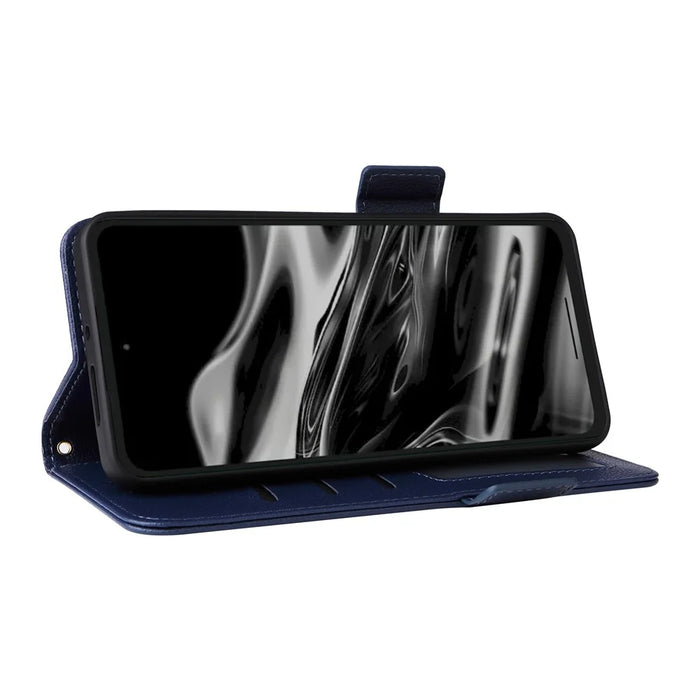 For XREAL Beam Pro Case with Wrist Strap Litchi Texture PU Leather Wallet Phone Cover - Dark Blue - 3