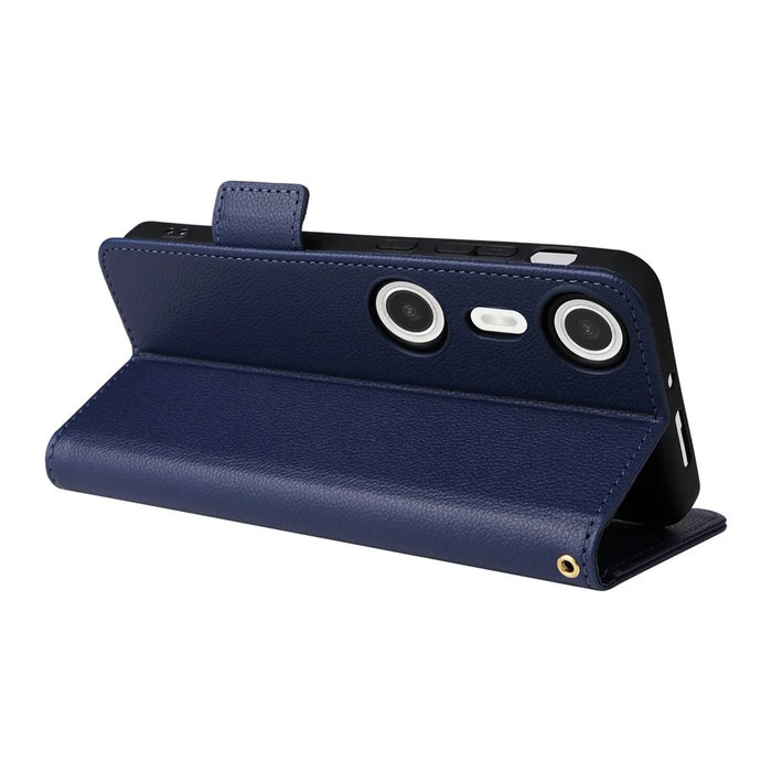 For XREAL Beam Pro Case with Wrist Strap Litchi Texture PU Leather Wallet Phone Cover - Dark Blue - 4