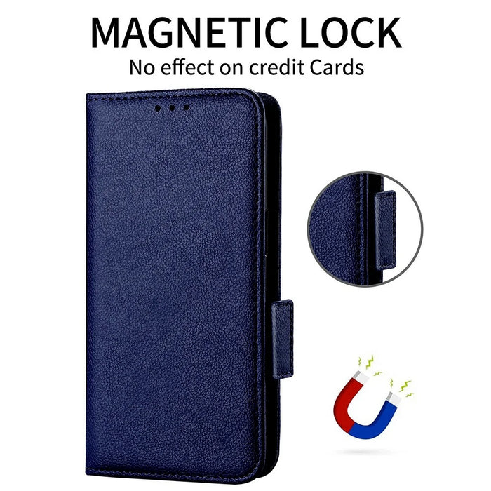 For XREAL Beam Pro Case with Wrist Strap Litchi Texture PU Leather Wallet Phone Cover - Dark Blue - 5