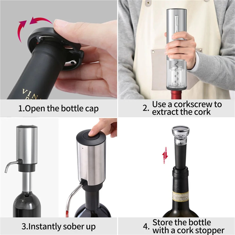 KLT SGS-KD-8(C3) 4-in-1 Rechargeable Stainless Steel Bottle Opener Electric Wine Dispenser Vacuum Stopper Foil Cutter Kit (BPA Free, No FDA) - 3