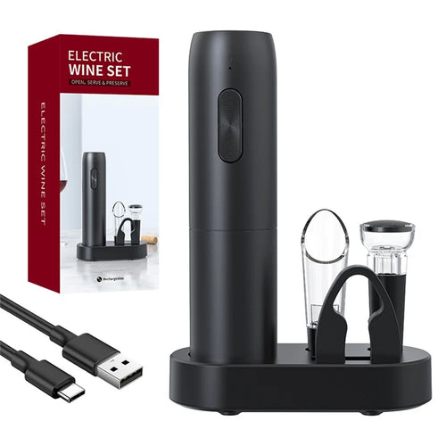 KLT KP1125(D) 5-in-1 Rechargeable Red Wine Bottle Opener Pourer Vacuum Stopper Foil Cutter with Base - 1