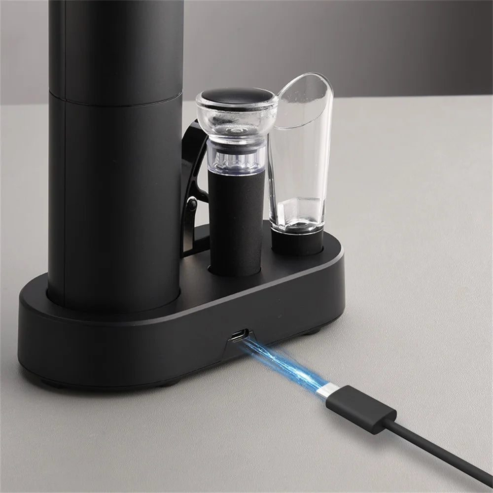 KLT KP1125(D) 5-in-1 Rechargeable Red Wine Bottle Opener Pourer Vacuum Stopper Foil Cutter with Base - 6