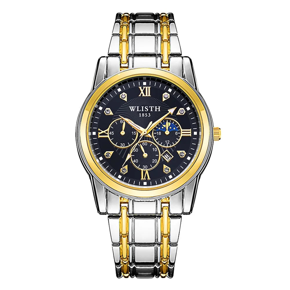 WLISTH 6177 Fashion Steel Strap Men Quartz Watch Luminous Calendar Wrist Watch - Black Dial - 1