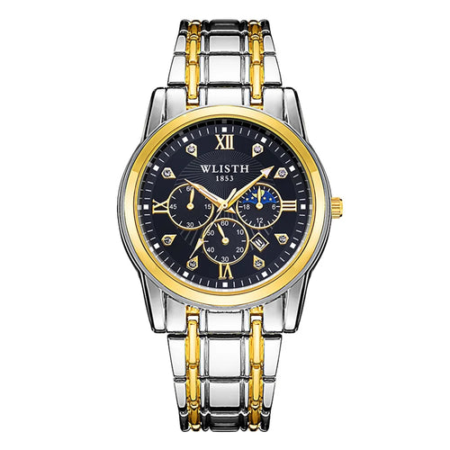 WLISTH 6177 Fashion Steel Strap Men Quartz Watch Luminous Calendar Wrist Watch - Black Dial - 1