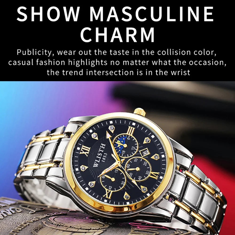 WLISTH 6177 Fashion Steel Strap Men Quartz Watch Luminous Calendar Wrist Watch - Black Dial - 2