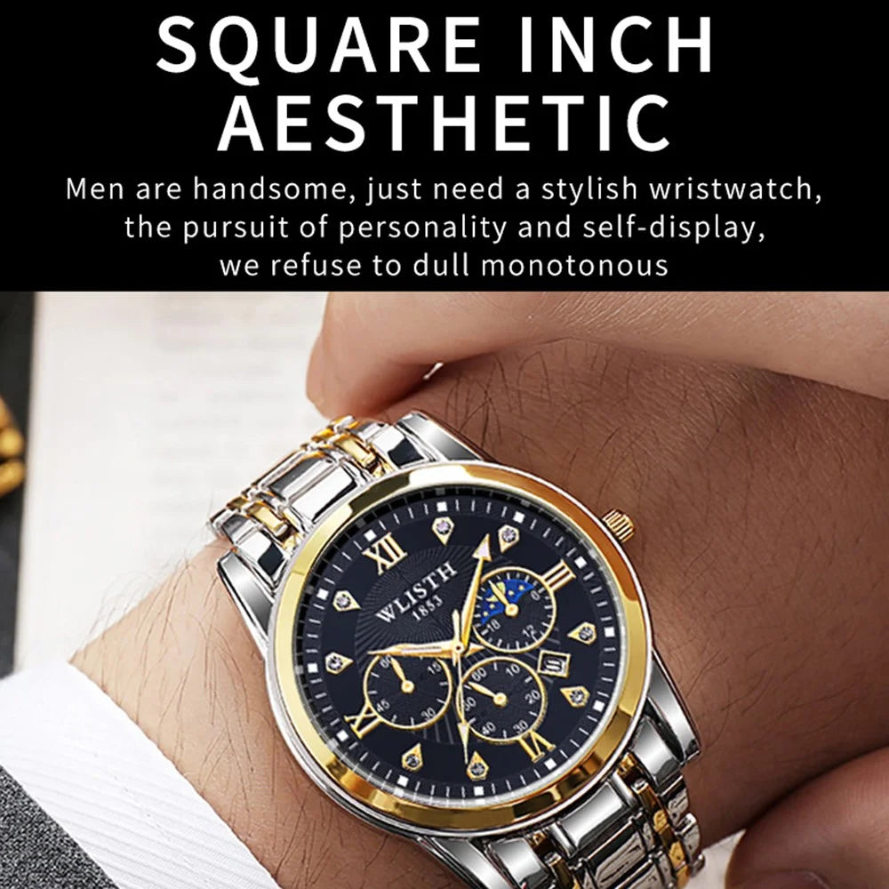 WLISTH 6177 Fashion Steel Strap Men Quartz Watch Luminous Calendar Wrist Watch - Black Dial - 3