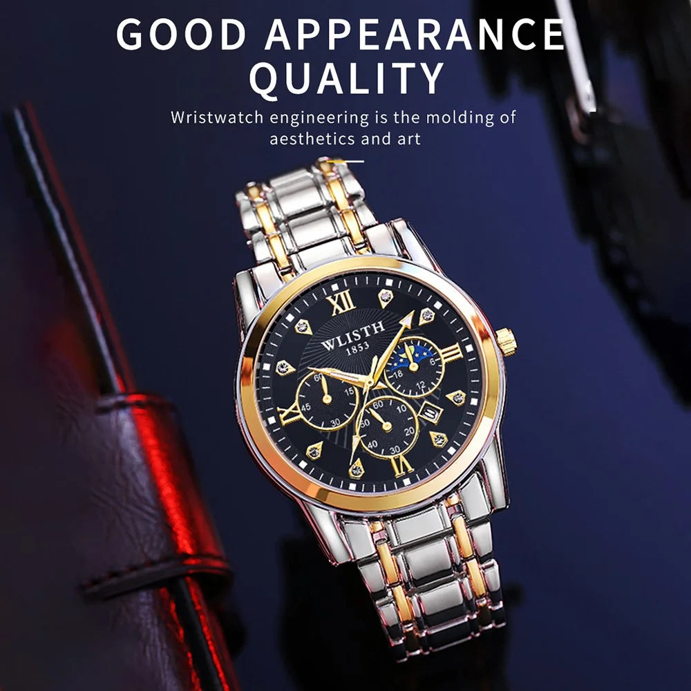 WLISTH 6177 Fashion Steel Strap Men Quartz Watch Luminous Calendar Wrist Watch - Black Dial - 4