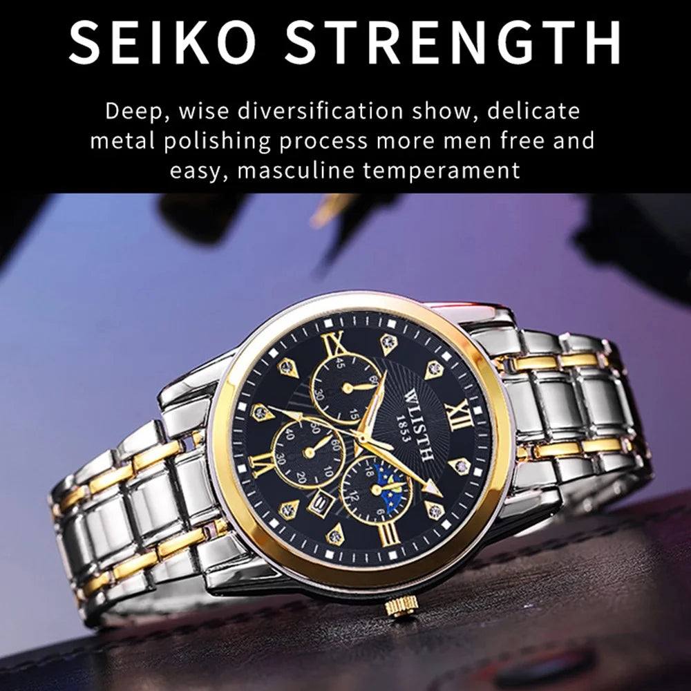WLISTH 6177 Fashion Steel Strap Men Quartz Watch Luminous Calendar Wrist Watch - Black Dial - 5