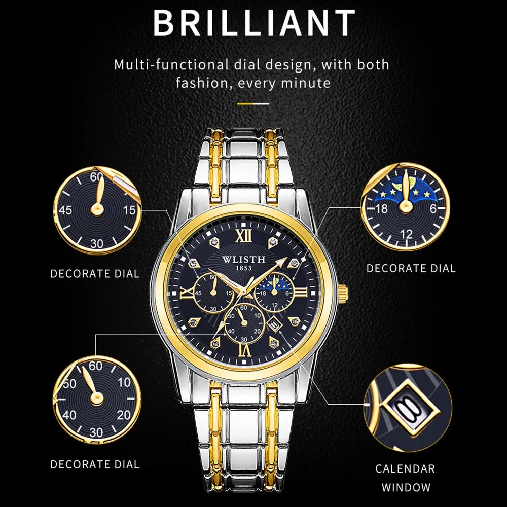 WLISTH 6177 Fashion Steel Strap Men Quartz Watch Luminous Calendar Wrist Watch - Black Dial - 6