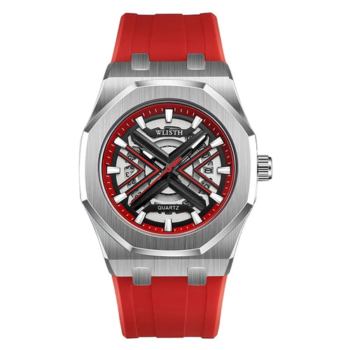 WLISTH 6148 Men Calendar Quartz Watch Fashion Sport Luminous Wrist Watch - Silver Case / Red Strap - 1