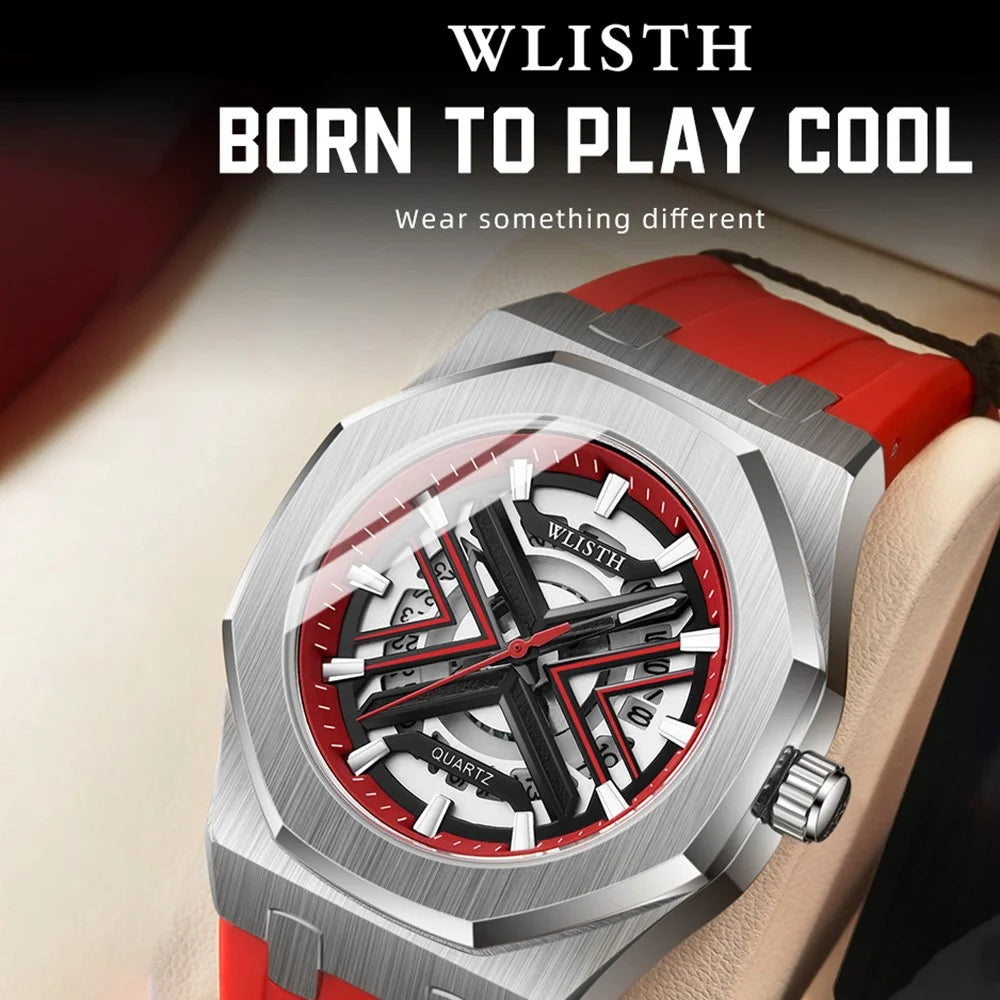 WLISTH 6148 Men Calendar Quartz Watch Fashion Sport Luminous Wrist Watch - Silver Case / Red Strap - 2