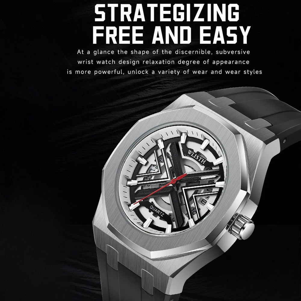 WLISTH 6148 Men Calendar Quartz Watch Fashion Sport Luminous Wrist Watch - Silver Case / Red Strap - 3