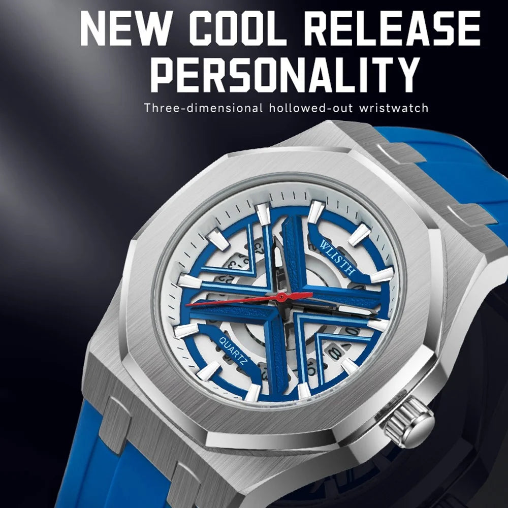 WLISTH 6148 Men Calendar Quartz Watch Fashion Sport Luminous Wrist Watch - Silver Case / Red Strap - 5