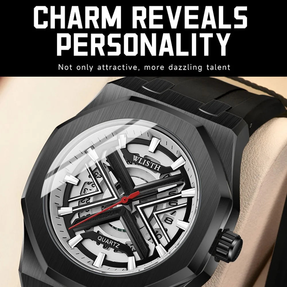 WLISTH 6148 Men Calendar Quartz Watch Fashion Sport Luminous Wrist Watch - Silver Case / Red Strap - 6