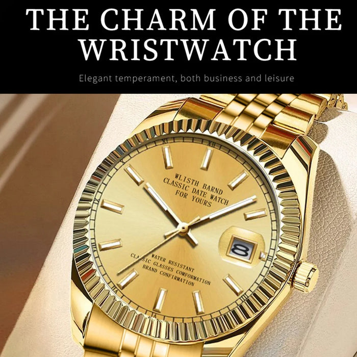 WLISTH 6156 Steel Strap Men Quartz Watch Waterproof Luminous Calendar Wrist Watch - Black Dial - 2