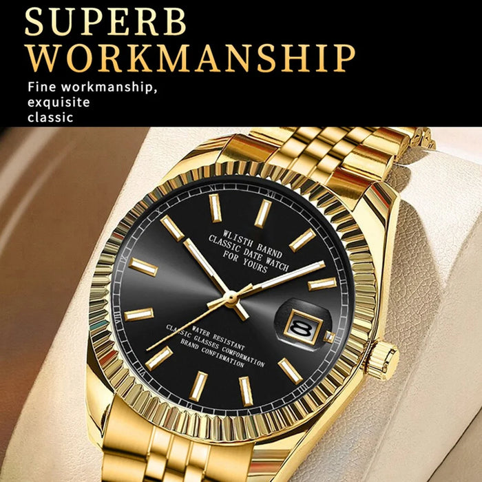 WLISTH 6156 Steel Strap Men Quartz Watch Waterproof Luminous Calendar Wrist Watch - Black Dial - 3