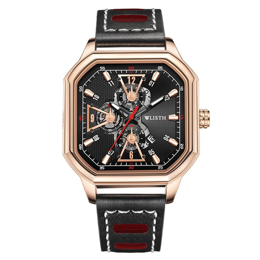WLISTH 6146 Stylish Men Calendar Quartz Watch Square Luminous Wrist Watch - Rose Gold Scale / Rose Gold Case / Leather Strap - 1