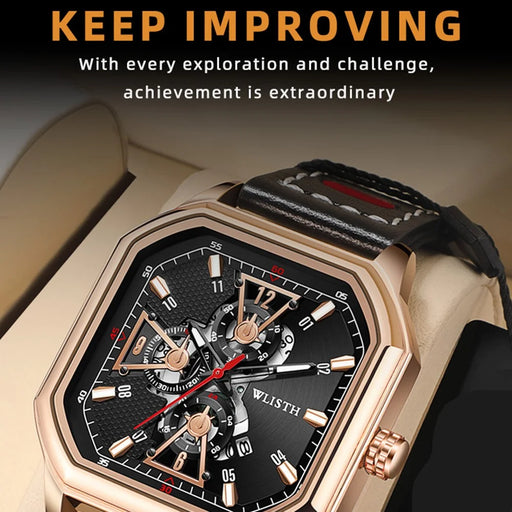 WLISTH 6146 Stylish Men Calendar Quartz Watch Square Luminous Wrist Watch - Rose Gold Scale / Rose Gold Case / Leather Strap - 2