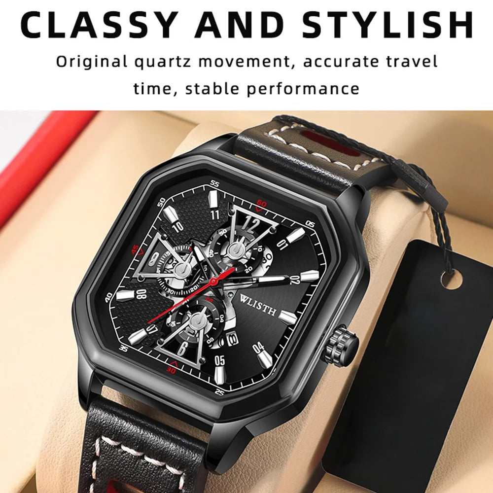 WLISTH 6146 Stylish Men Calendar Quartz Watch Square Luminous Wrist Watch - Rose Gold Scale / Rose Gold Case / Leather Strap - 3