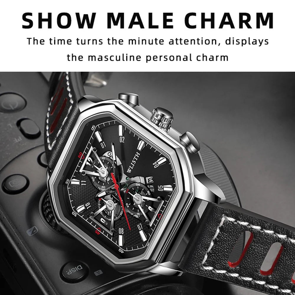 WLISTH 6146 Stylish Men Calendar Quartz Watch Square Luminous Wrist Watch - Rose Gold Scale / Rose Gold Case / Leather Strap - 5