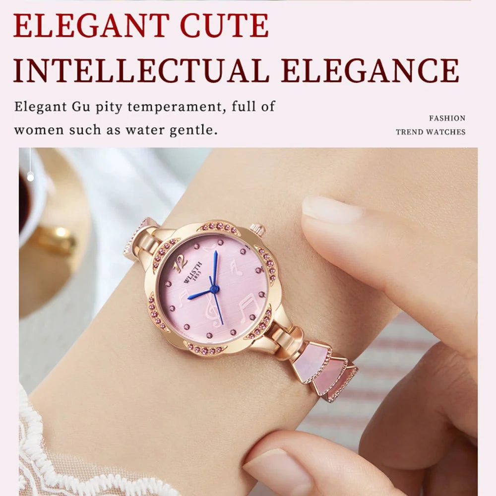 WLISTH 6142 Stylish Women Alloy Strap Quartz Watch Rhinestone Decor Wrist Watch - Rose Gold Case / Pink Dial - 7