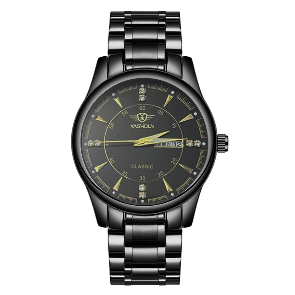 YASHIDUN 5063 Steel Strap Stylish Couple Quartz Watch Luminous Calendar Wrist Watch - Black Dial / Black Strap - 1