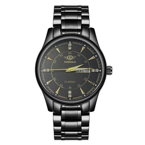 YASHIDUN 5063 Steel Strap Stylish Couple Quartz Watch Luminous Calendar Wrist Watch - Black Dial / Black Strap - 1