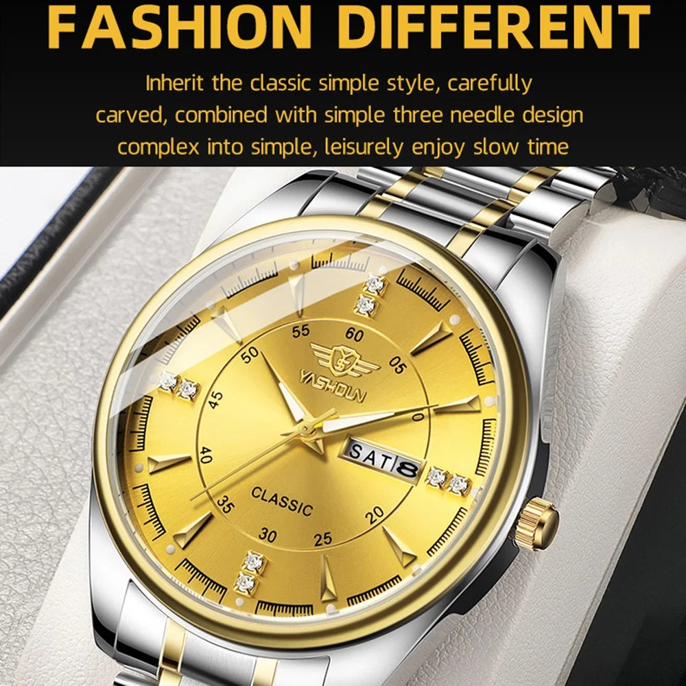 YASHIDUN 5063 Steel Strap Stylish Couple Quartz Watch Luminous Calendar Wrist Watch - Black Dial / Black Strap - 2