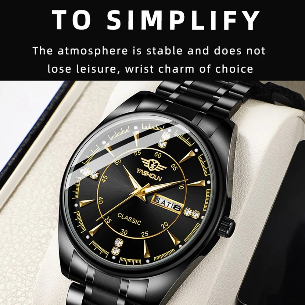 YASHIDUN 5063 Steel Strap Stylish Couple Quartz Watch Luminous Calendar Wrist Watch - Black Dial / Black Strap - 3