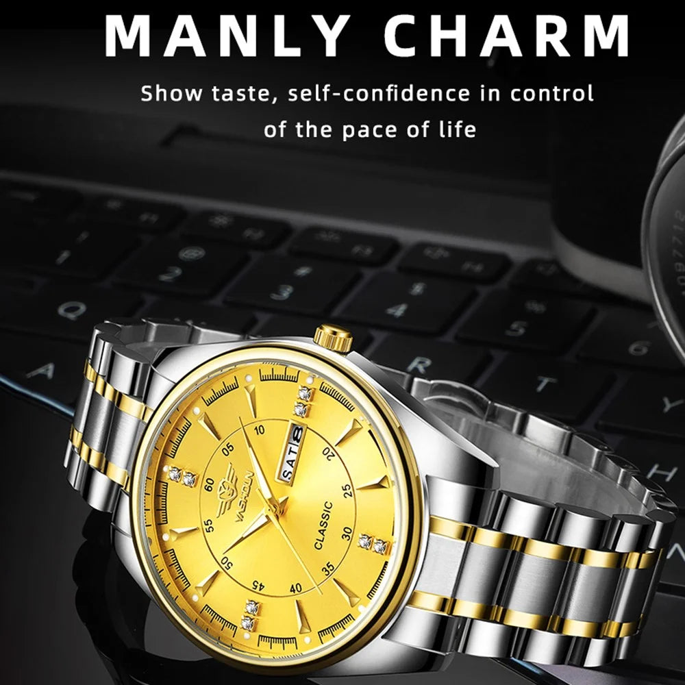 YASHIDUN 5063 Steel Strap Stylish Couple Quartz Watch Luminous Calendar Wrist Watch - Black Dial / Black Strap - 4