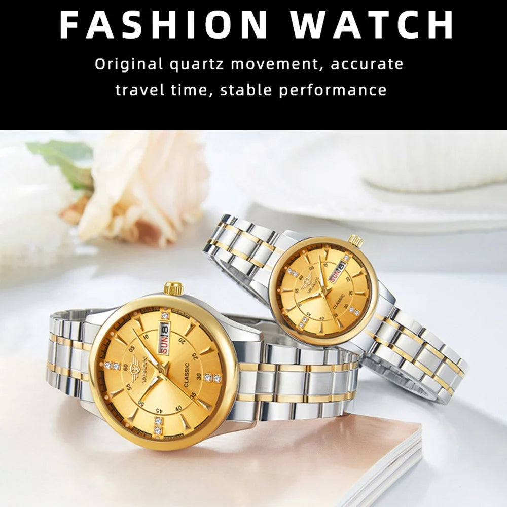 YASHIDUN 5063 Steel Strap Stylish Couple Quartz Watch Luminous Calendar Wrist Watch - Black Dial / Black Strap - 5