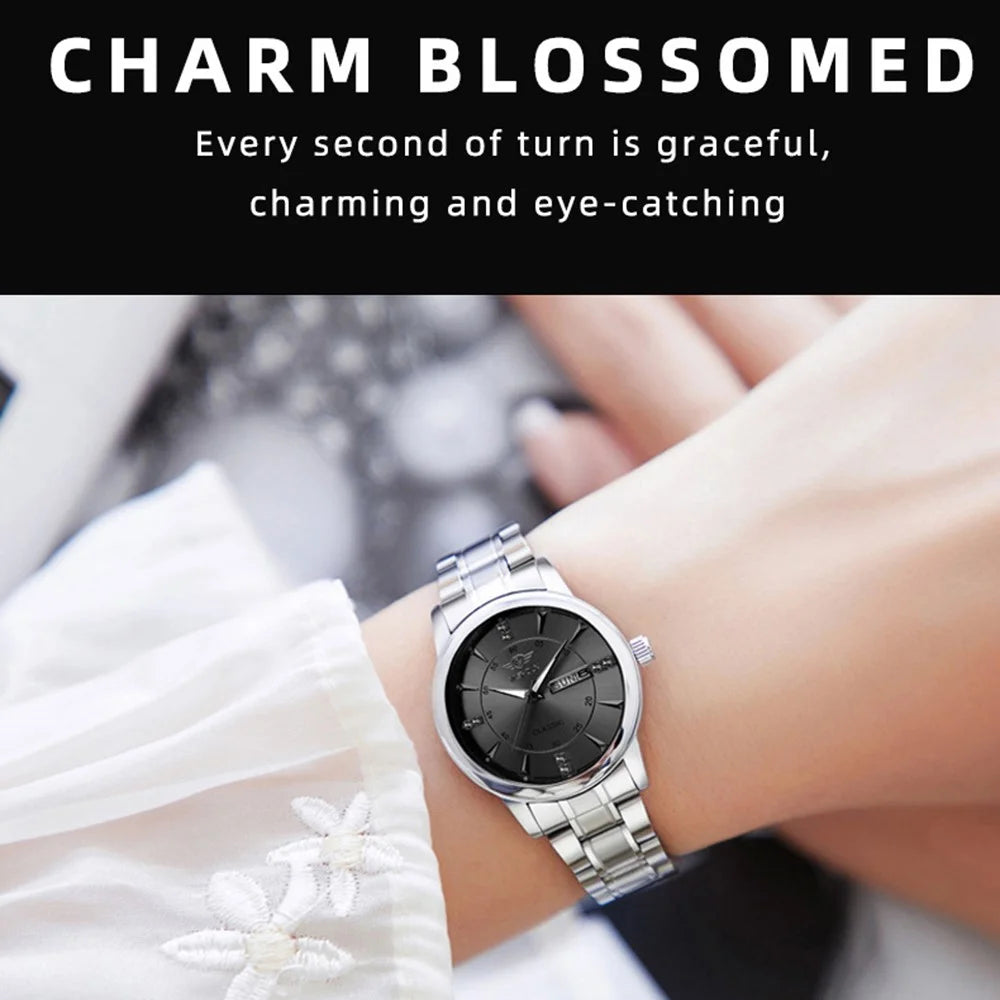 YASHIDUN 5063 Steel Strap Stylish Couple Quartz Watch Luminous Calendar Wrist Watch - Black Dial / Black Strap - 6
