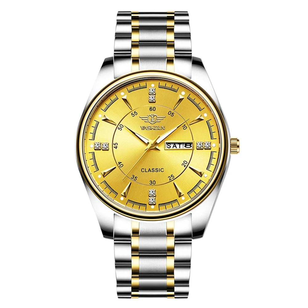 YASHIDUN 5069 Steel Strap Stylish Quartz Watch Men Luminous Calendar Wrist Watch - Gold Dial - 1