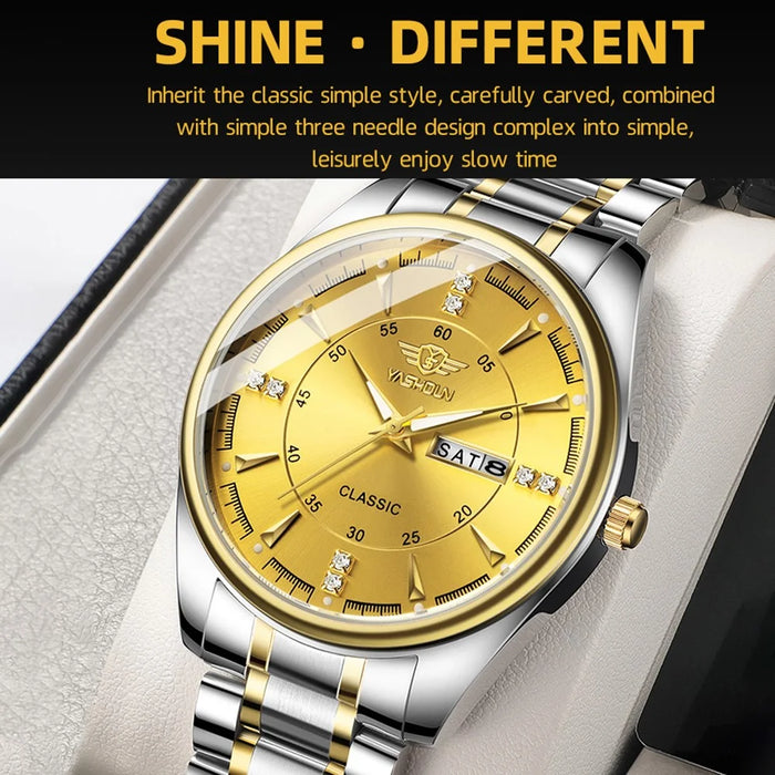 YASHIDUN 5069 Steel Strap Stylish Quartz Watch Men Luminous Calendar Wrist Watch - Gold Dial - 2