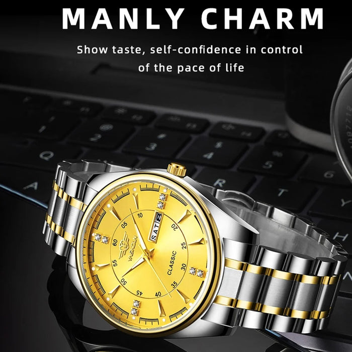 YASHIDUN 5069 Steel Strap Stylish Quartz Watch Men Luminous Calendar Wrist Watch - Gold Dial - 3