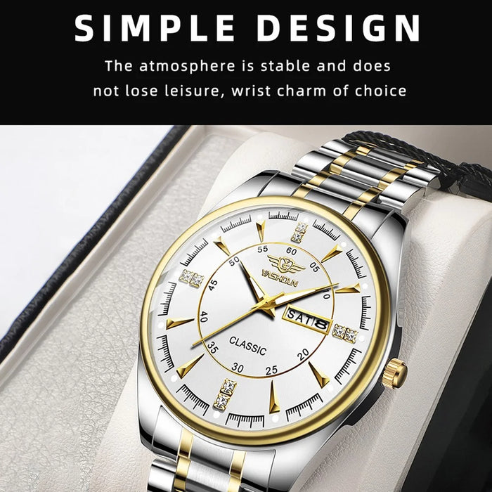 YASHIDUN 5069 Steel Strap Stylish Quartz Watch Men Luminous Calendar Wrist Watch - Gold Dial - 4