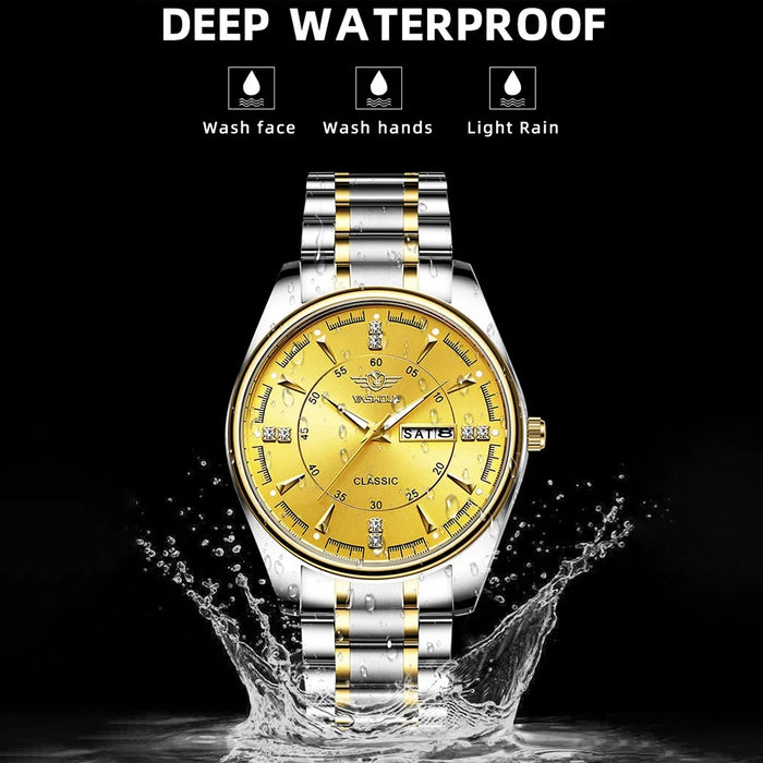 YASHIDUN 5069 Steel Strap Stylish Quartz Watch Men Luminous Calendar Wrist Watch - Gold Dial - 6