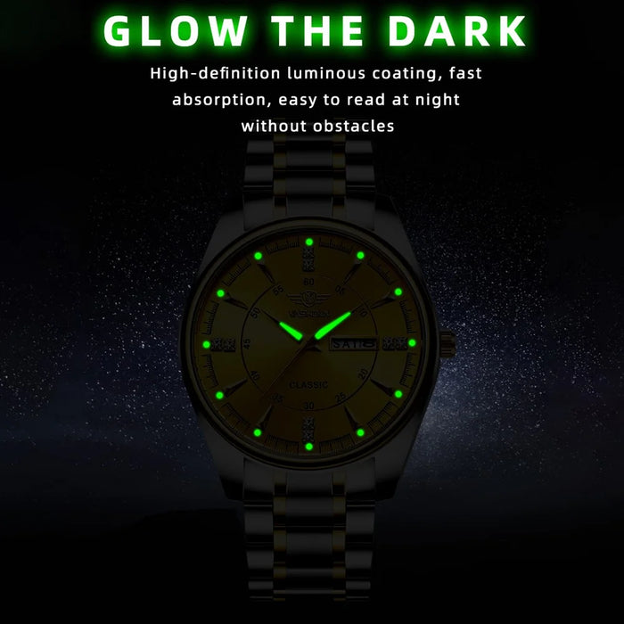 YASHIDUN 5069 Steel Strap Stylish Quartz Watch Men Luminous Calendar Wrist Watch - Gold Dial - 7
