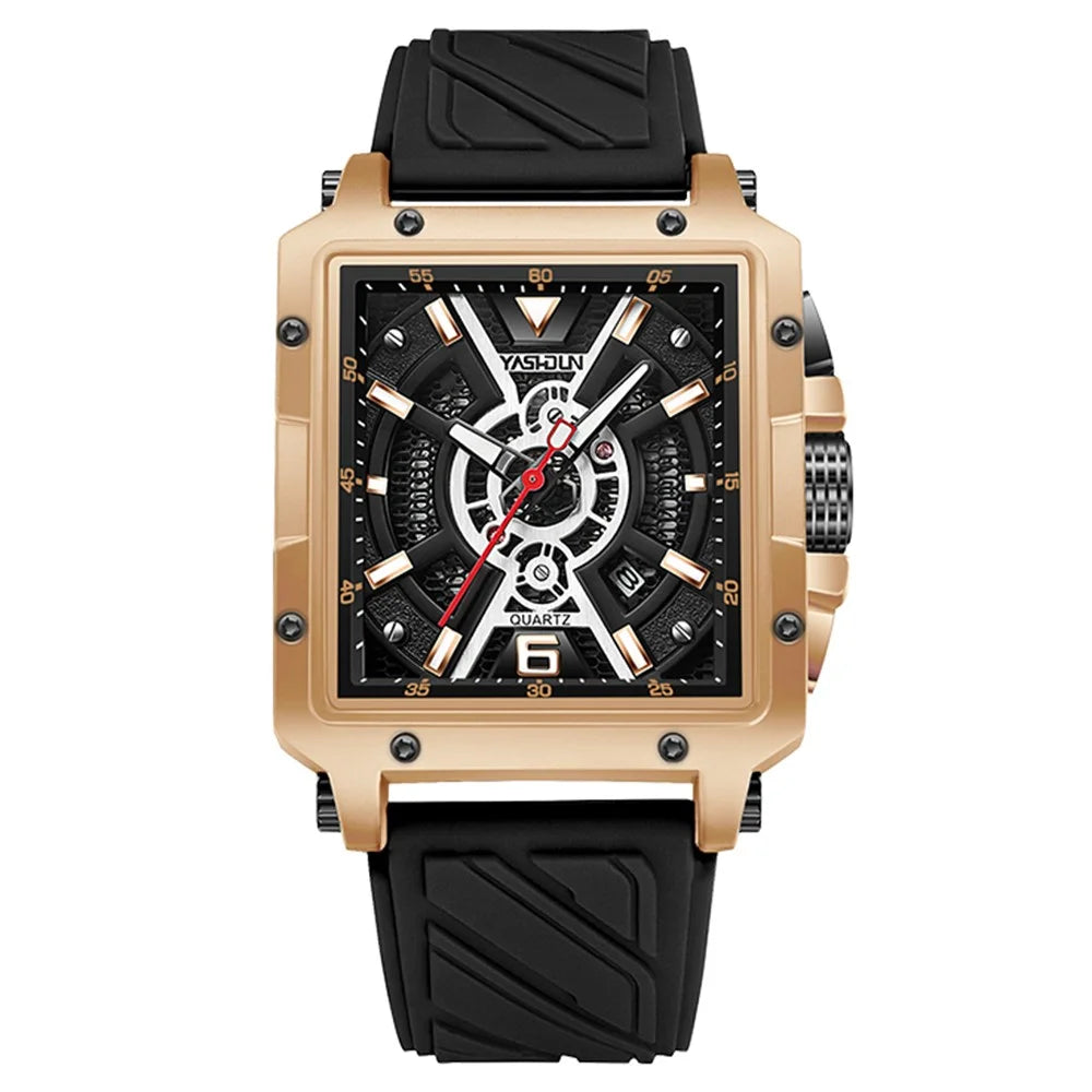 YASHIDUN 5071 Stylish Square Quartz Watch Silicone Strap Men Luminous Wrist Watch - Gold Dial / Black Strap - 1