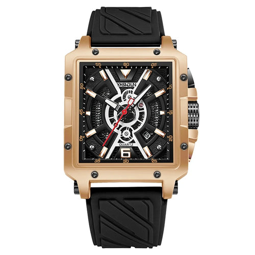 YASHIDUN 5071 Stylish Square Quartz Watch Silicone Strap Men Luminous Wrist Watch - Gold Dial / Black Strap - 1