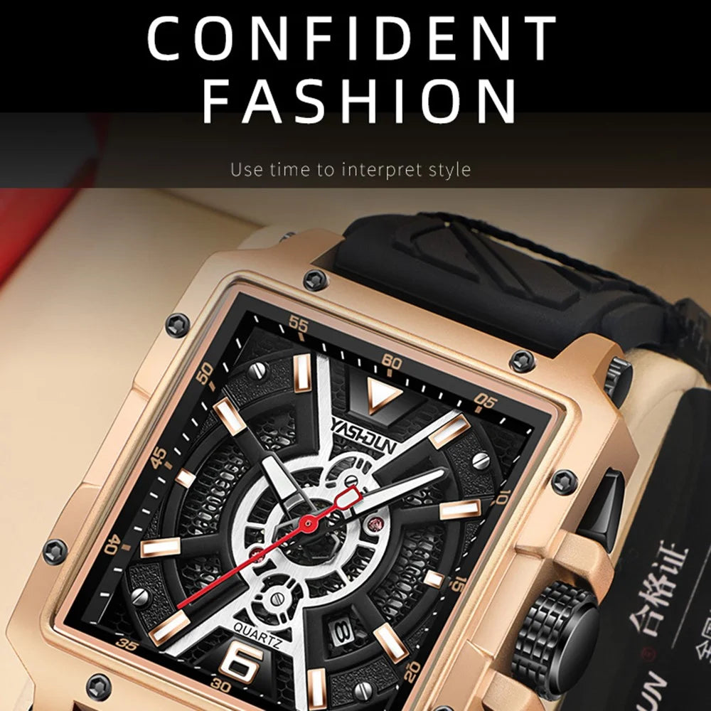 YASHIDUN 5071 Stylish Square Quartz Watch Silicone Strap Men Luminous Wrist Watch - Gold Dial / Black Strap - 2